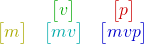  \begin{array}{ccc} ~ & \color{myG}{ \begin{bmatrix} v \end{bmatrix} } & \color{myR}{ \begin{bmatrix} p \end{bmatrix} } \\ \color{myY}{ \begin{bmatrix} m \end{bmatrix} } & \color{myC}{ \begin{bmatrix}mv\end{bmatrix} } & \color{myB}{ \begin{bmatrix}mvp\end{bmatrix} } \end{array} 